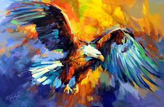 a painting of an eagle flying through the air with its wings spread out and it's colorful colors