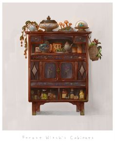 a painting of a wooden cabinet with glass doors