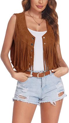 Hotouch Fringe Vest Women Faux Suede Open-Front Vintage Vest Sleeveless 70s Hippie Clothes Boho Western Jacket : Clothing, Shoes & Jewelry Autumn Jacket Women, Cardigan Plus Size, Hippie Clothes, 70s Hippie, Western Jacket, Vest Women, Vintage Vest