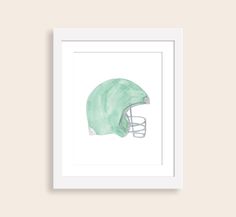 a painting of a football helmet in watercolor on white paper with a light green background