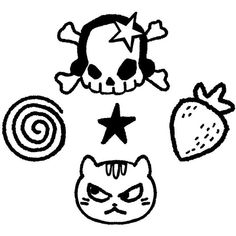 the skull, star, and strawberry are drawn in black ink