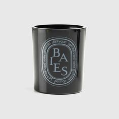 a black coffee mug with the words ba ess printed on it's side