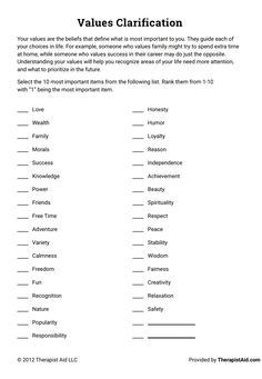 My Values Worksheet, Values Therapy Activity, Values Activity Therapy, Values Group Therapy, Value Clarification Activities, Values Clarification Worksheet, Values Clarification Activities, Counseling Worksheets For Adults, Values Worksheet Therapy