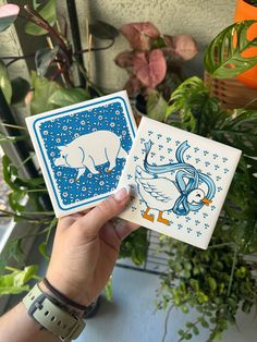 someone holding up two cards that have animals on them, one is blue and the other is white