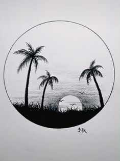 a drawing of palm trees and the ocean