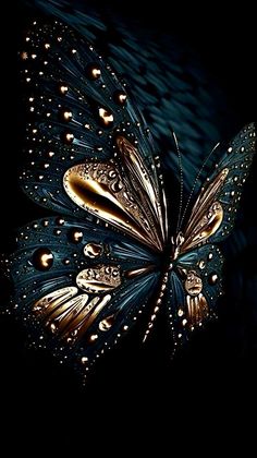 a blue and gold butterfly with drops of water on it's wings, against a black background