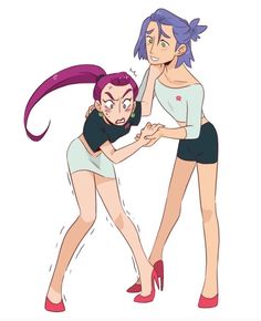 two women in short shorts are touching each other