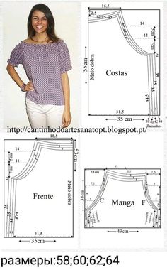 the front and back views of a woman's blouse pattern, with measurements for each piece