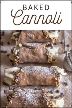 baked cannoli with chocolate chips and powdered sugar