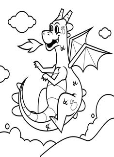 a cartoon dragon flying through the sky