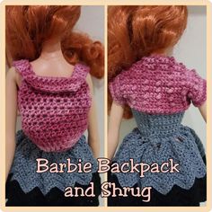 barbie doll with red hair wearing a crocheted scarf and dress made from yarn