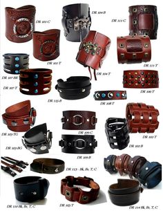 many different types of leather belts are shown