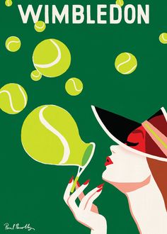 a woman blowing bubbles while holding a tennis racket in her hand with the words wimbledon on it