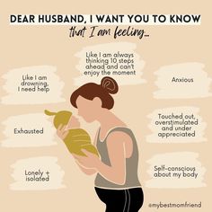 a woman holding a baby in her arms with the words dear husband, i want you to