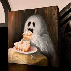 a painting of a ghost eating a piece of cake