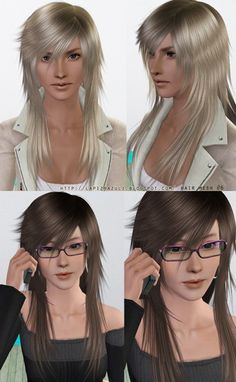 four images of a woman with glasses and long hair, all in three different poses