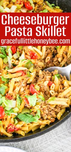 cheeseburger pasta skillet in a cast iron skillet