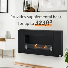 a black fireplace with the words provides supplemental heat for up to 32 %