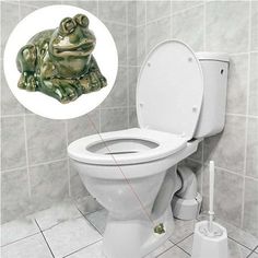 a white toilet sitting in a bathroom next to a green frog figurine on the wall