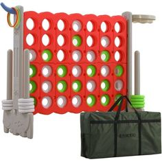 an orange and green game set with two large pieces in front of it, one carrying a tool bag and the other carrying tools