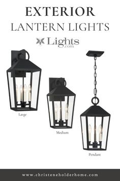 three light fixtures with the words, exterior lantern lights