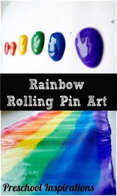 rainbow rolling pin art for kids with text overlay that reads, rainbow rolling pin art