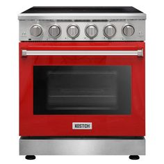 a red stove with two burners and an oven door on the front, in stainless steel