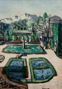 a painting of a garden with water features