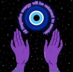 two hands reaching out towards the sky with an eyeball in the middle and words above it