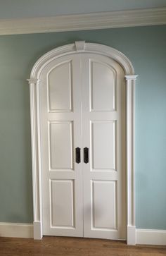 an empty room with two white doors and a cat on the floor next to it