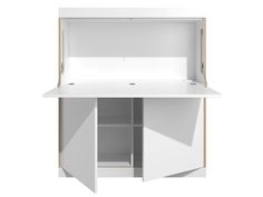 an open white cabinet with shelves and drawers