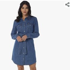 Denim Dress Snap Front Snap Cuffs Matching Belt 2 Pockets Above The Knee In Length Fits A Little Smaller In My Opinion Above The Knee, Denim Dress, Colorful Dresses, Long Sleeve Dress, Womens Dresses, Long Sleeve, Women Shopping, Blue, Color