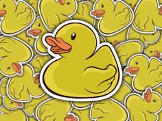 a yellow rubber duck surrounded by smaller ducks