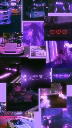 a collage of photos with cars and neon lights