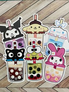 four stickers with different designs and colors on the same one, including an ice cream cone