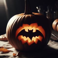 a carved pumpkin with the shape of a bat on it's face, sitting on a table