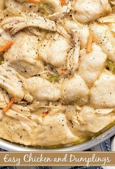 chicken and dumplings in a white bowl on a blue tablecloth with the title easy chicken and dumplings