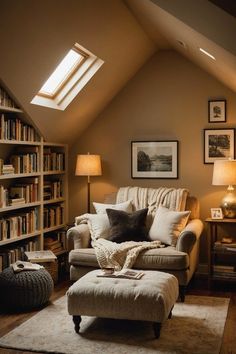 a living room filled with furniture and bookshelves