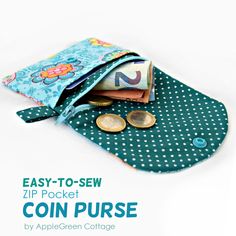 the coin purse is made from fabric and has coins in it to be put into