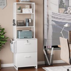 a white bookcase next to a desk with a printer on it and a potted plant in the corner