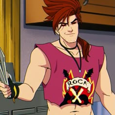 an anime character with red hair and tattoos holding two knives in one hand while looking at the camera