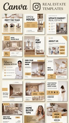 an advertisement for a real estate with gold and white accents, including the words canva