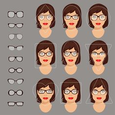 Stock vector illustration of glasses shapes for different womens face types - square, circle, oval, diamond, long, heart, rectangle. vector set for banner. glasses shapes for different female face shapes Female Face Shapes, Face Shape Sunglasses, Womens Face, Glasses For Your Face Shape, Diy Body Care