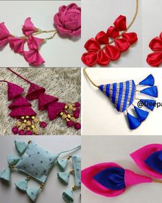 four different types of bows and necklaces are shown in multiple pictures, one is pink, the other is blue