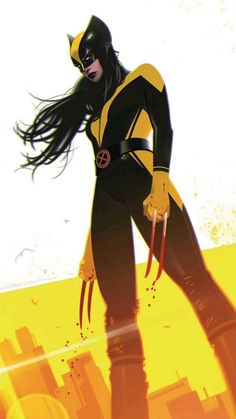 a woman in a black and yellow costume standing on top of a cityscape