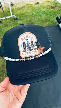 Cowboy Patch Trucker Hat with hat chain Casual Adjustable Hats As Fashion Accessory, Hat Display Ideas Craft Show, Trucker Hat Diy, Diy Trucker Hat With Patches, Trucker Hat Bar, Brown Trucker Hat For Western-themed Events, Trucker Hat With Patch, Western Trucker Hats, Aunt Clothes