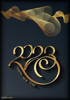 a happy new year greeting card with gold lettering and swirls on a black background