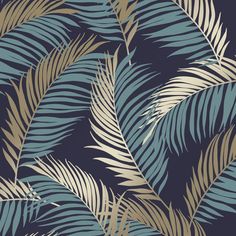 blue and gold palm leaves on a black background