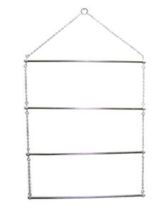 three tiered metal shelf with chains hanging from the top, on a white background