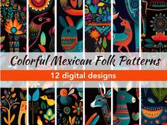 colorful mexican folk patterns with deers, flowers and birds on black background for digital designs